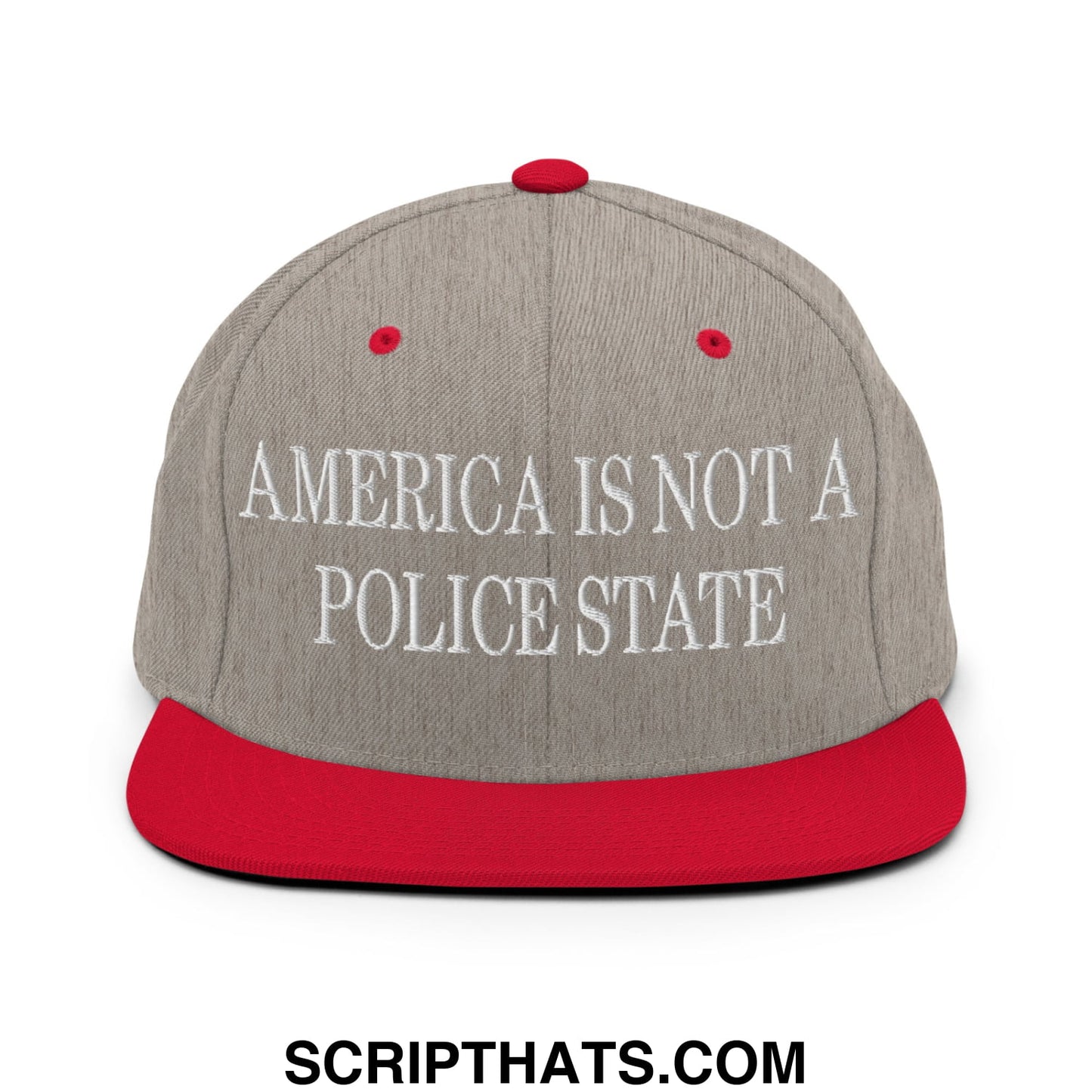 Gray and red snapback hat with white embroidered america is not a police state text and flat bill brim design