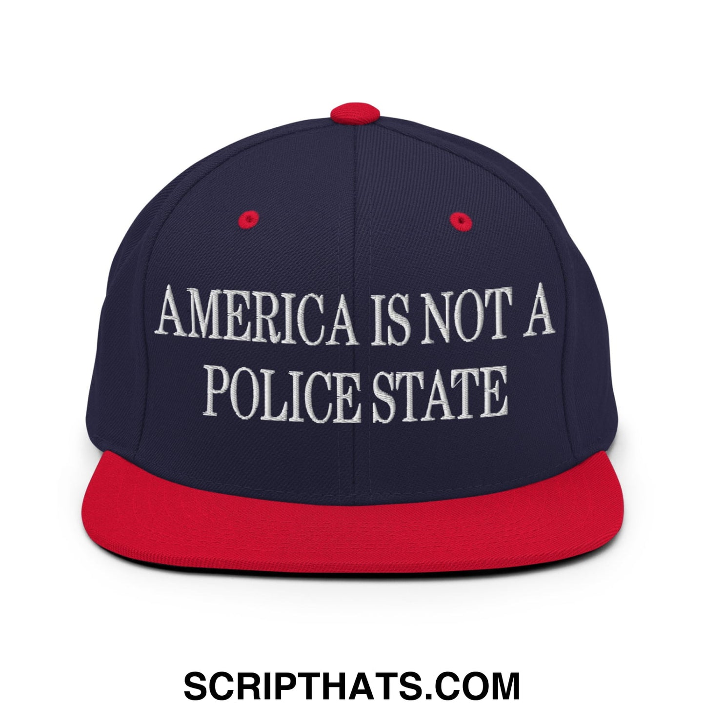 Navy blue and red snapback hat with white embroidered america is not a police state text and flat bill brim
