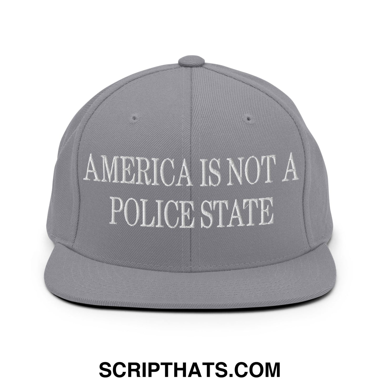Gray snapback hat with white embroidered america is not a police state text and flat bill brim design