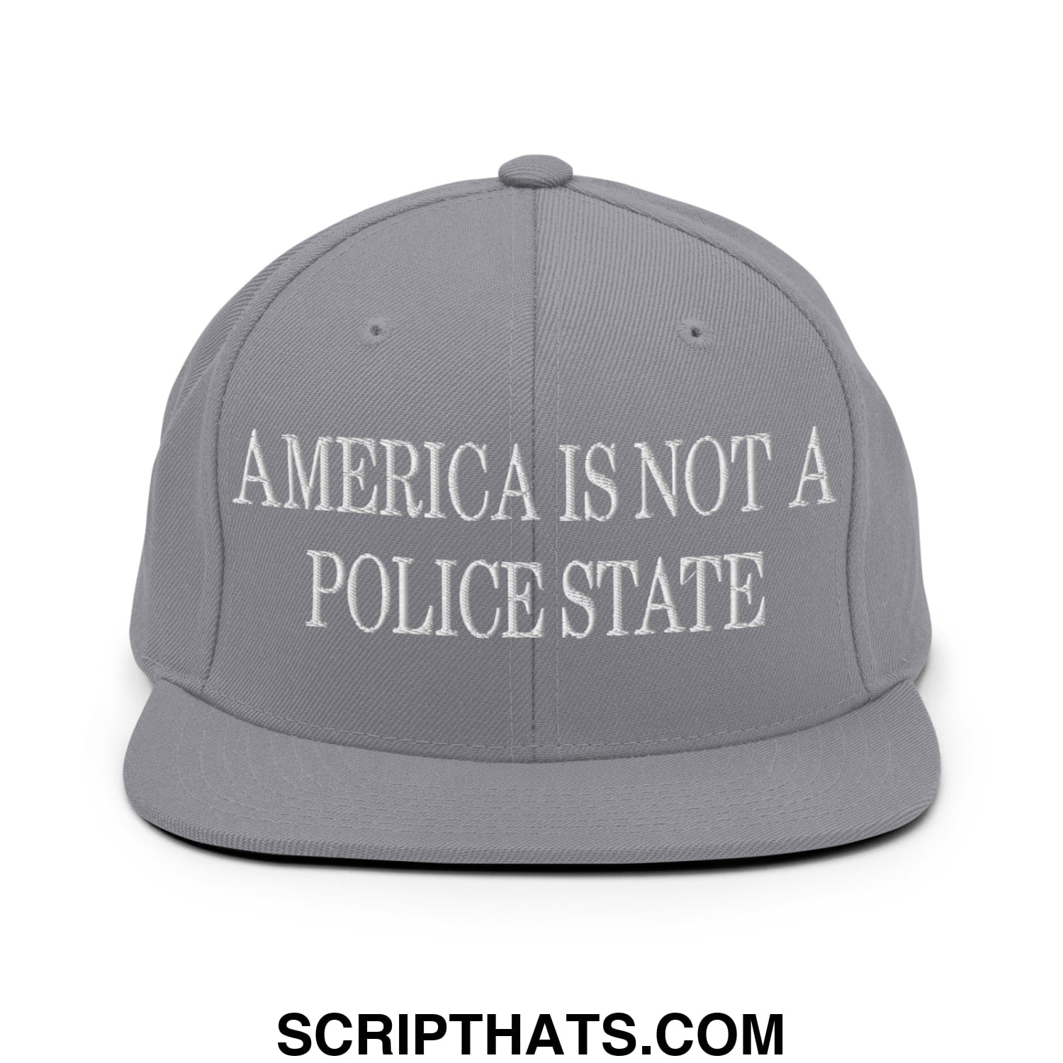 Gray snapback hat with white embroidered america is not a police state text and flat bill brim design
