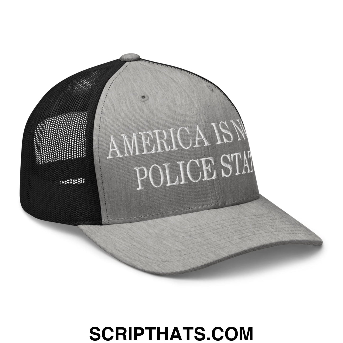 Gray and black mesh trucker hat with white embroidered america is not a police state text on front panel