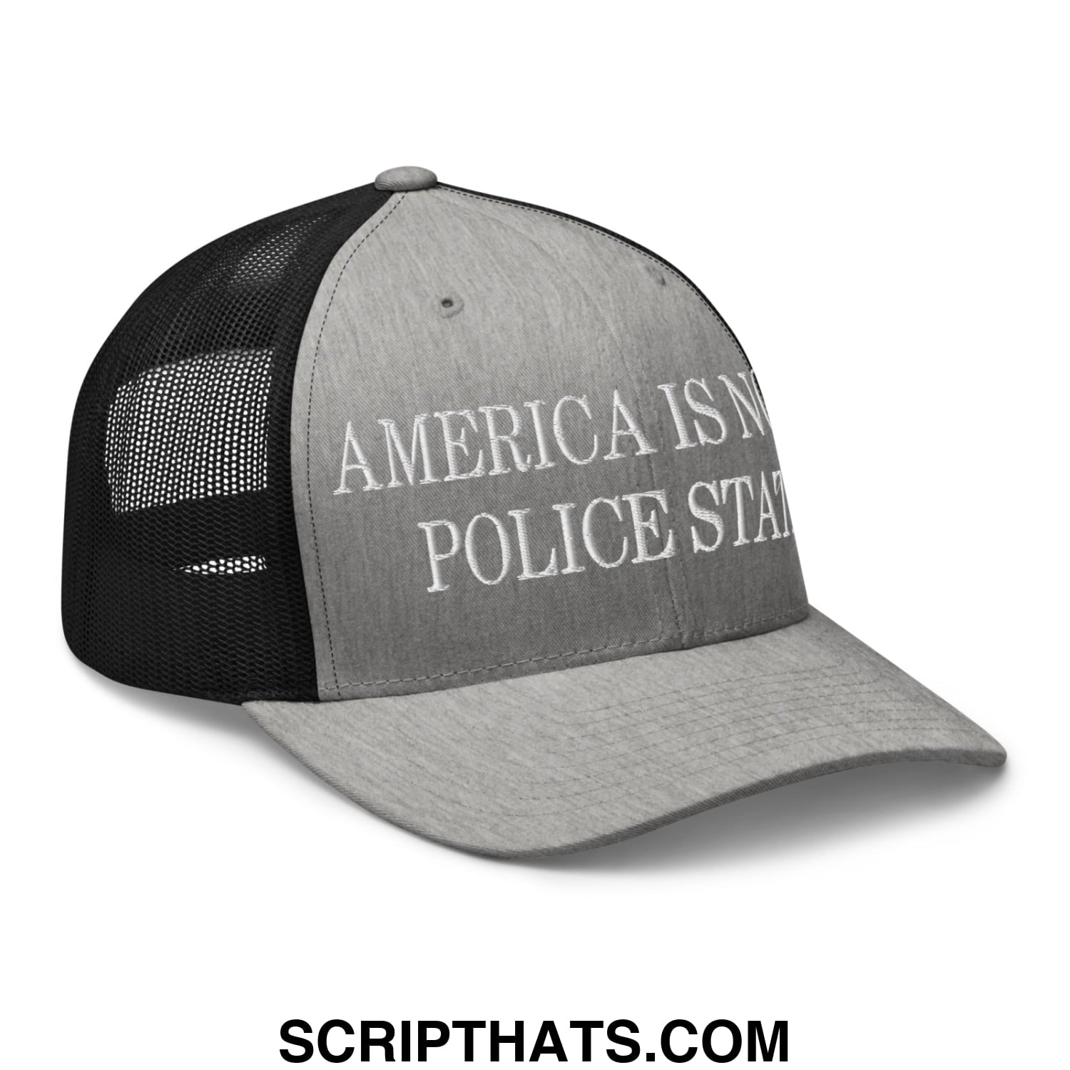 Gray and black mesh trucker hat with white embroidered america is not a police state text on front panel