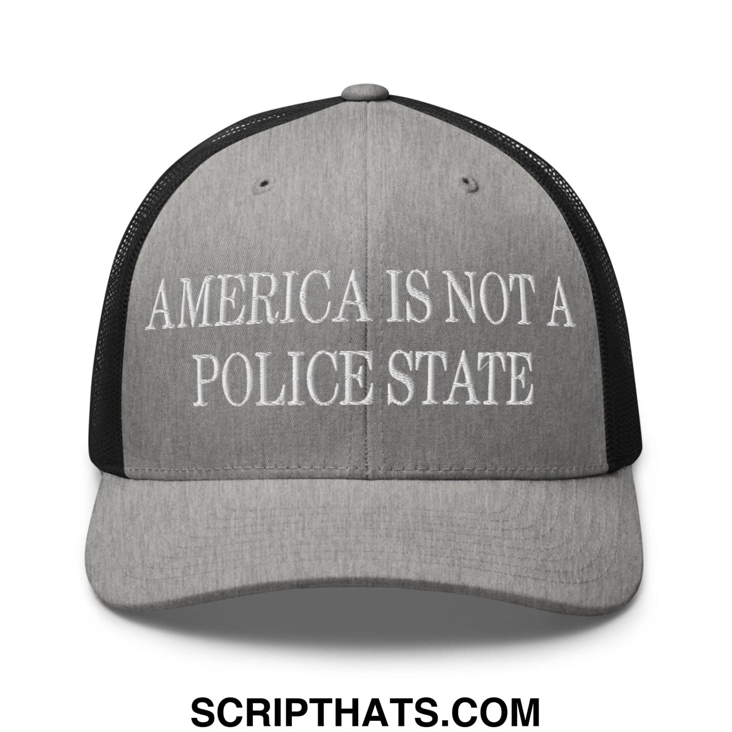 Gray mesh trucker hat with white embroidered america is not a police state text and black mesh back panel