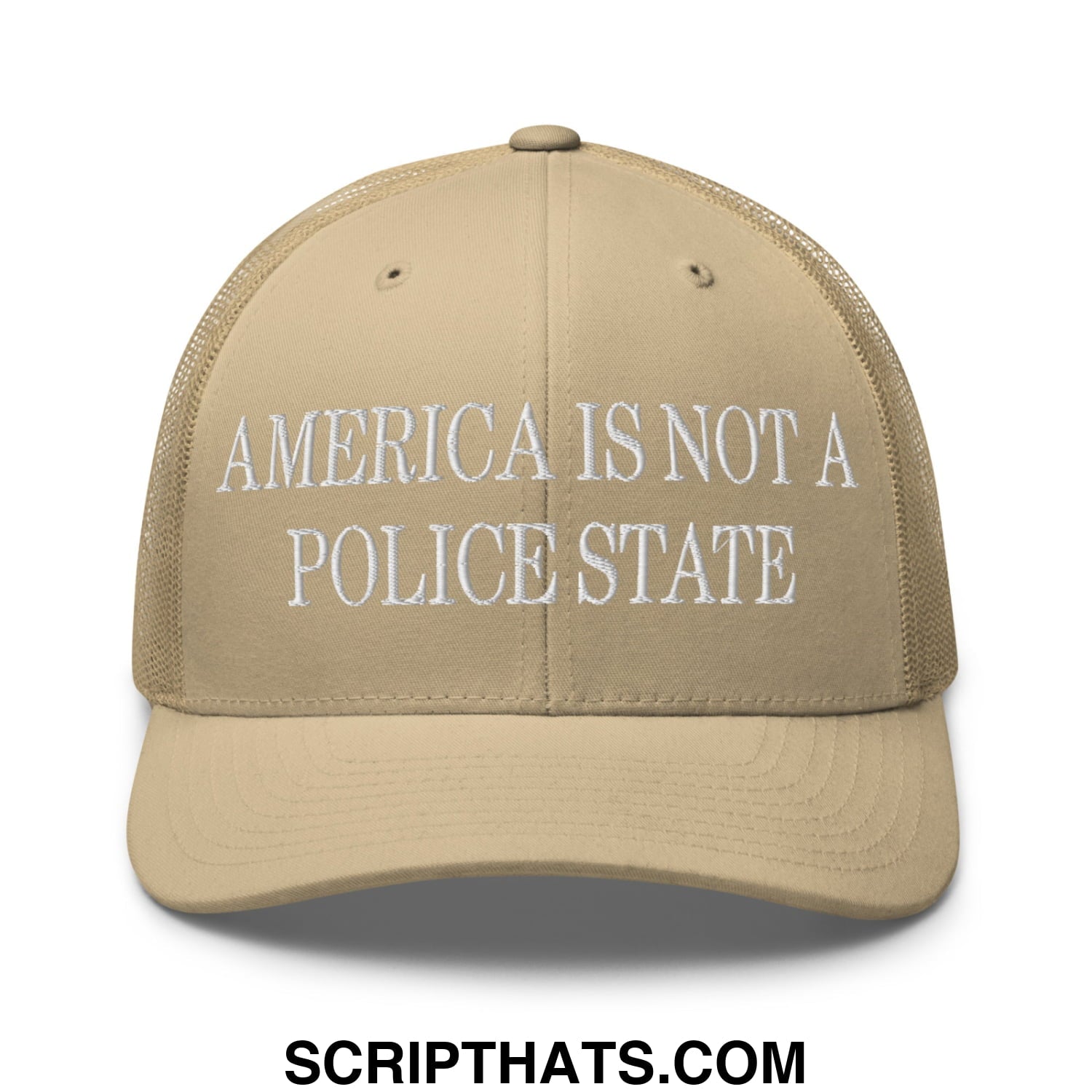 Beige mesh trucker hat with white embroidered text america is not a police state across the front panel