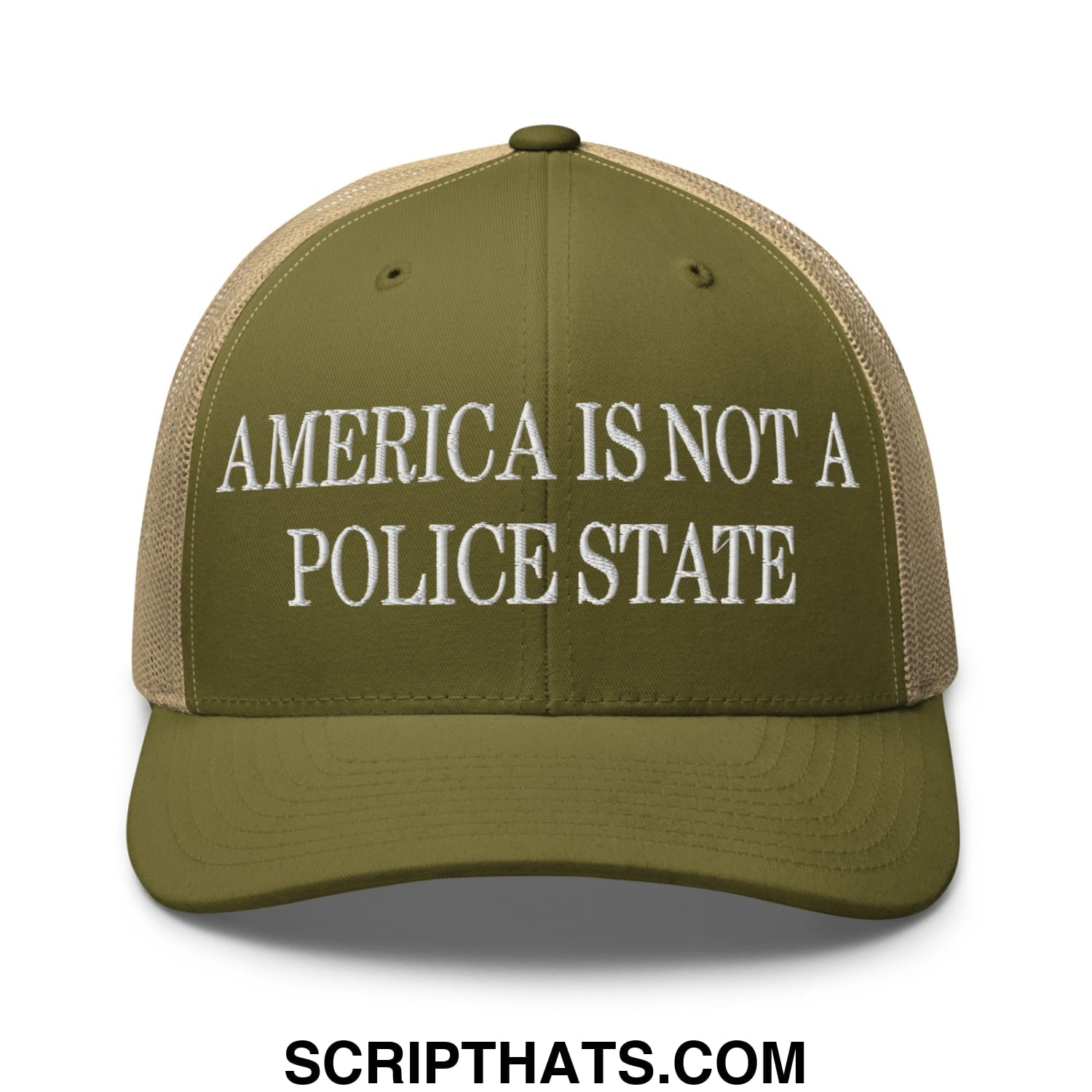 Olive green and tan mesh trucker hat with white embroidered text america is not a police state