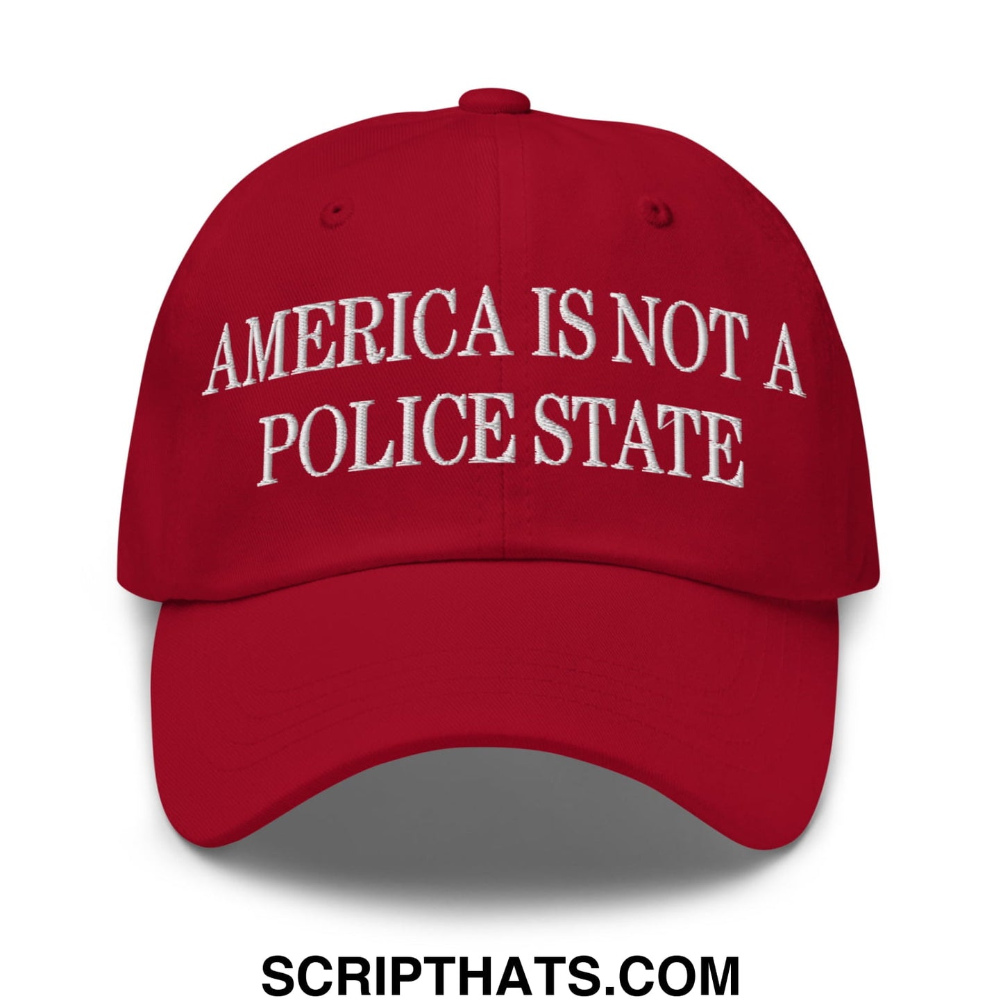 Red embroidered cotton dad hat with white text reading america is not a police state for casual wear