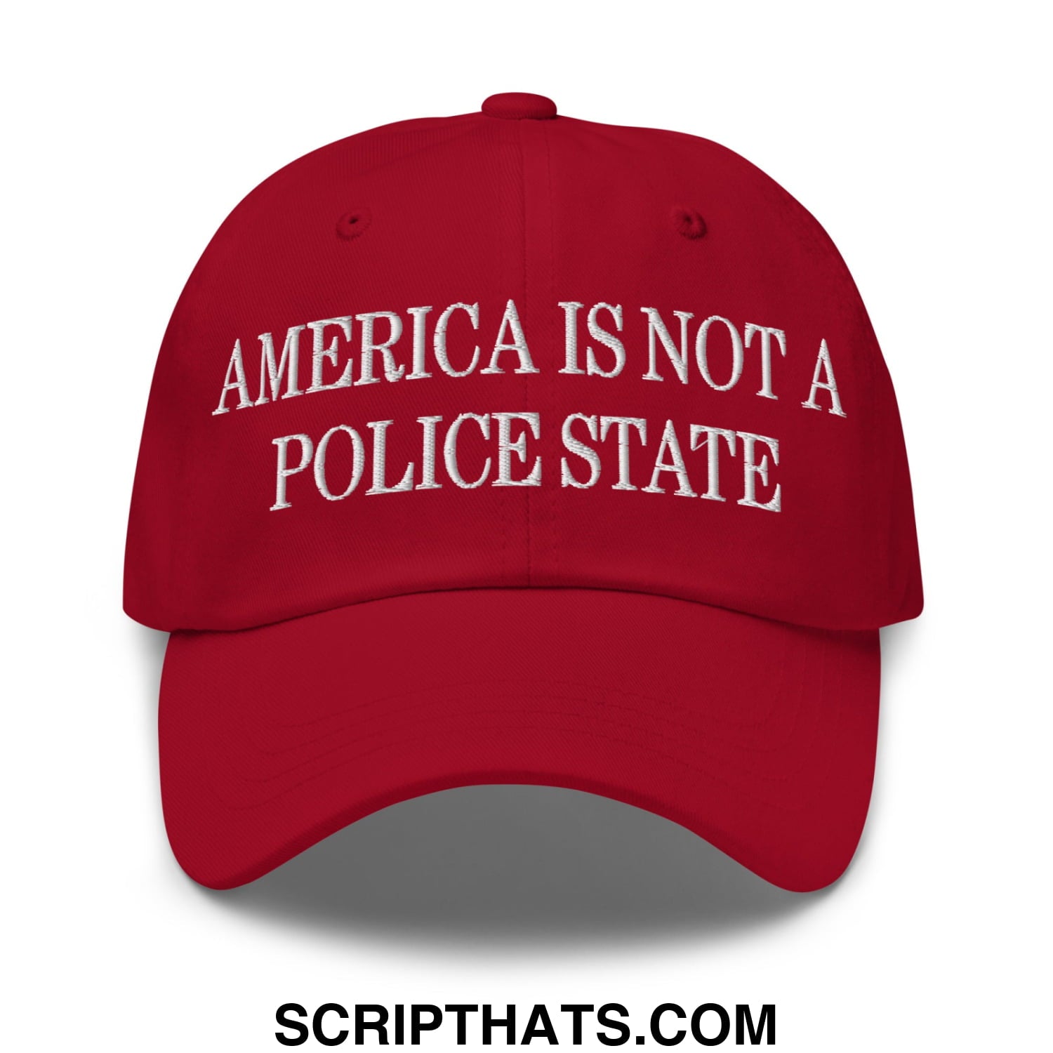 Red embroidered cotton dad hat with white text reading america is not a police state for casual wear