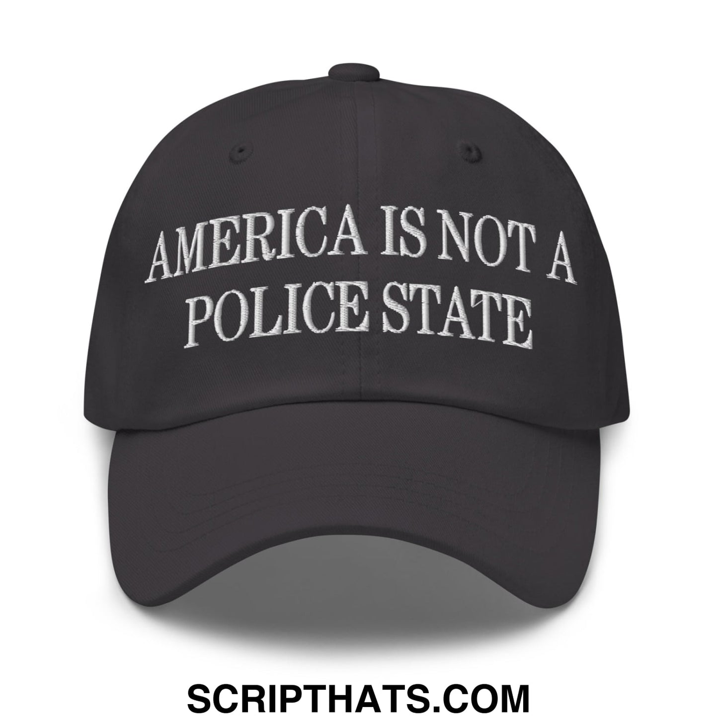 Black unstructured dad hat with white embroidered text america is not a police state for casual wear