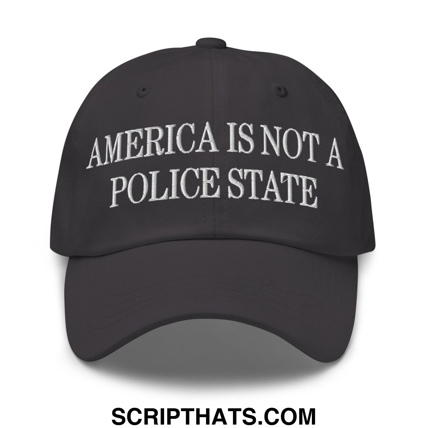 Black unstructured dad hat with white embroidered text america is not a police state for casual wear