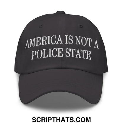 Black unstructured dad hat with white embroidered text america is not a police state for casual wear