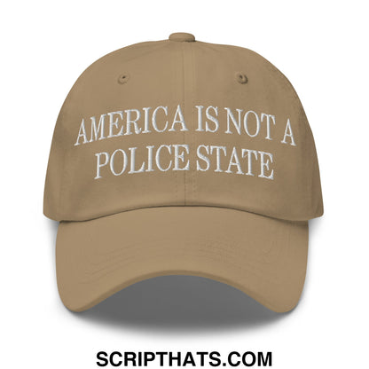 Tan unstructured dad hat with white embroidered america is not a police state text perfect for casual wear