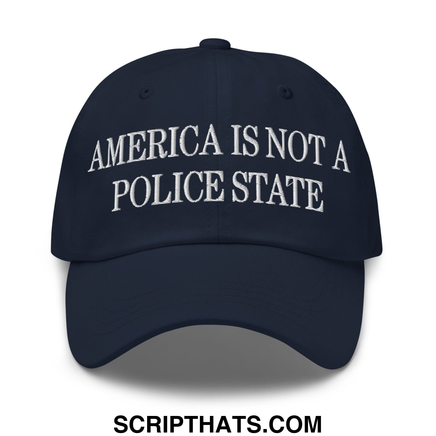 Navy blue unstructured dad hat with white embroidered america is not a police state text, casual cotton baseball cap