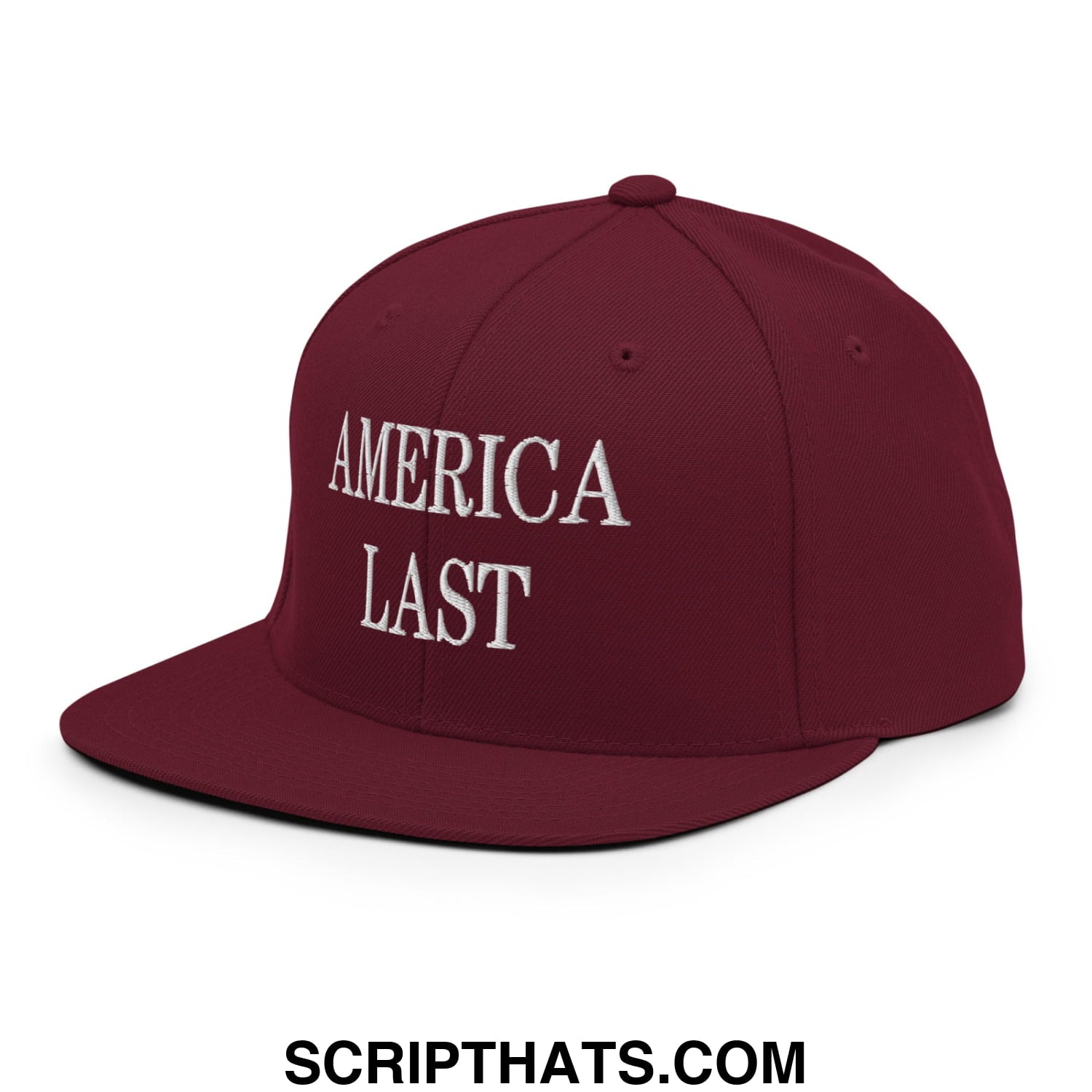 Maroon flat bill brim snapback hat with white embroidered america last text ideal for casual wear