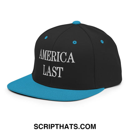 Black and teal snapback cap with america last embroidered in white on flat bill brim for casual wear