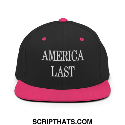 Black snapback cap with vibrant pink brim and button featuring america last embroidered in white thread across front