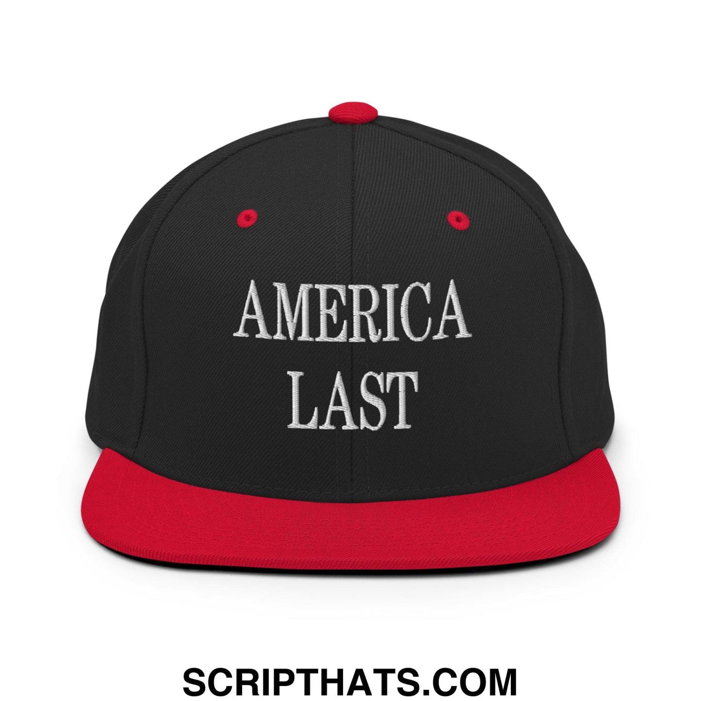 Black and red snapback cap with america last embroidered in white thread and flat bill brim