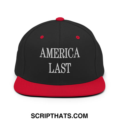 Black and red snapback cap with america last embroidered in white thread and flat bill brim