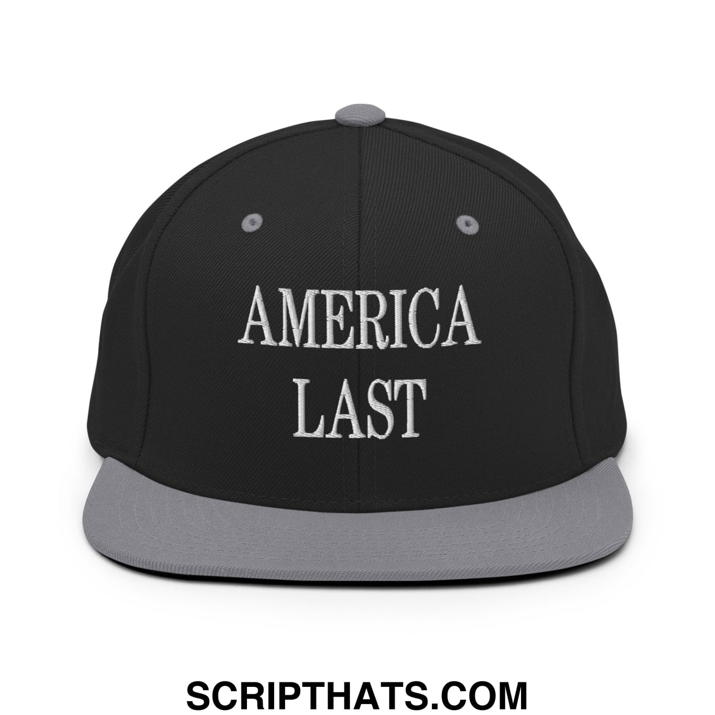 Black snapback hat with gray brim and white embroidered america last text in classic serif font
