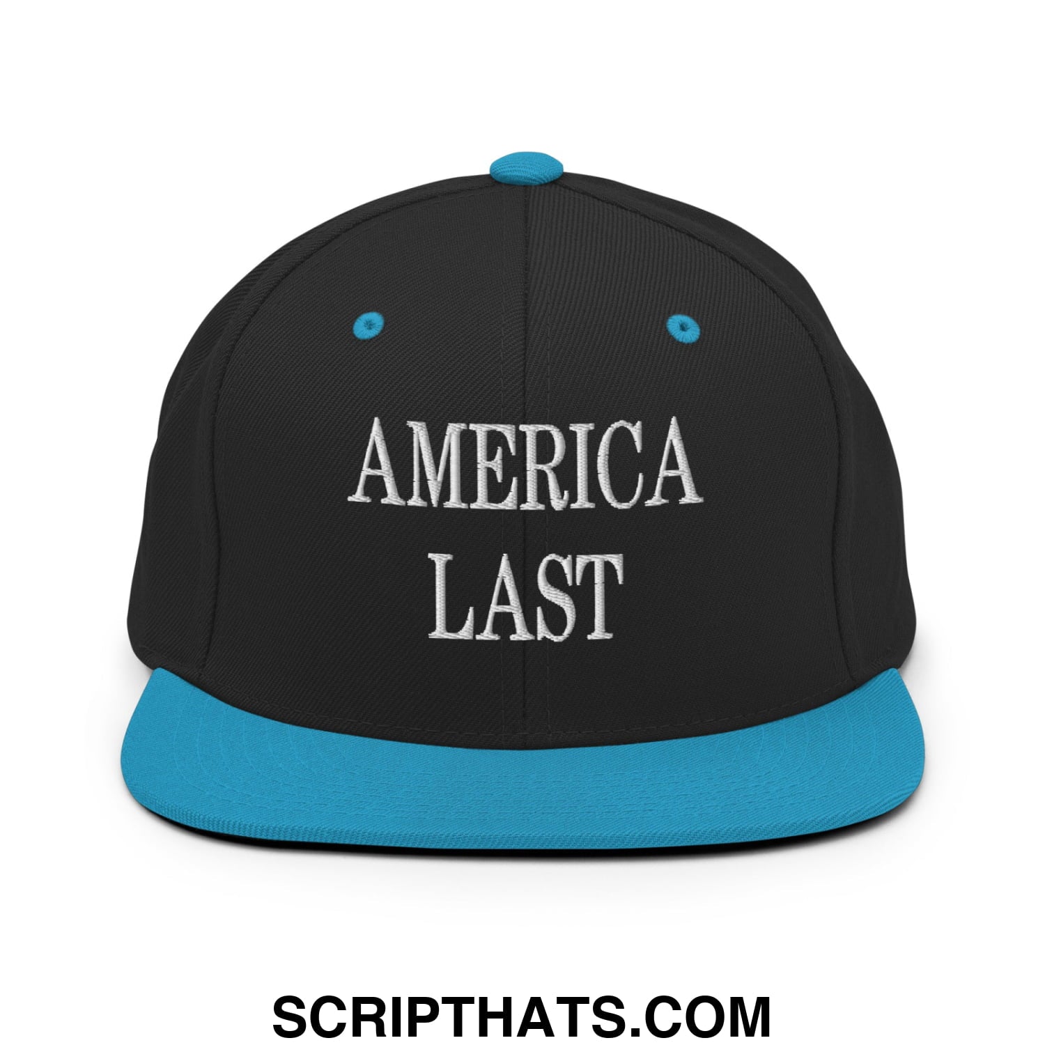Black snapback cap with teal brim and button featuring america last embroidered in white thread on front panel