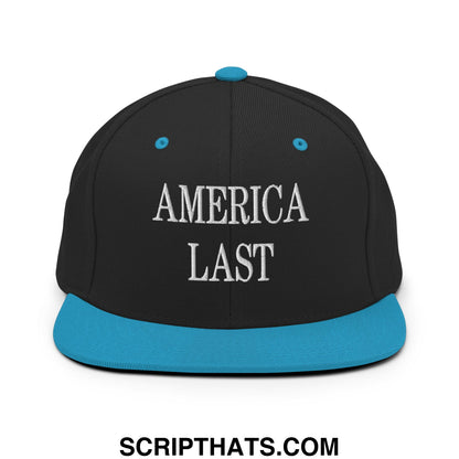 Black snapback cap with teal brim and button featuring america last embroidered in white thread on front panel