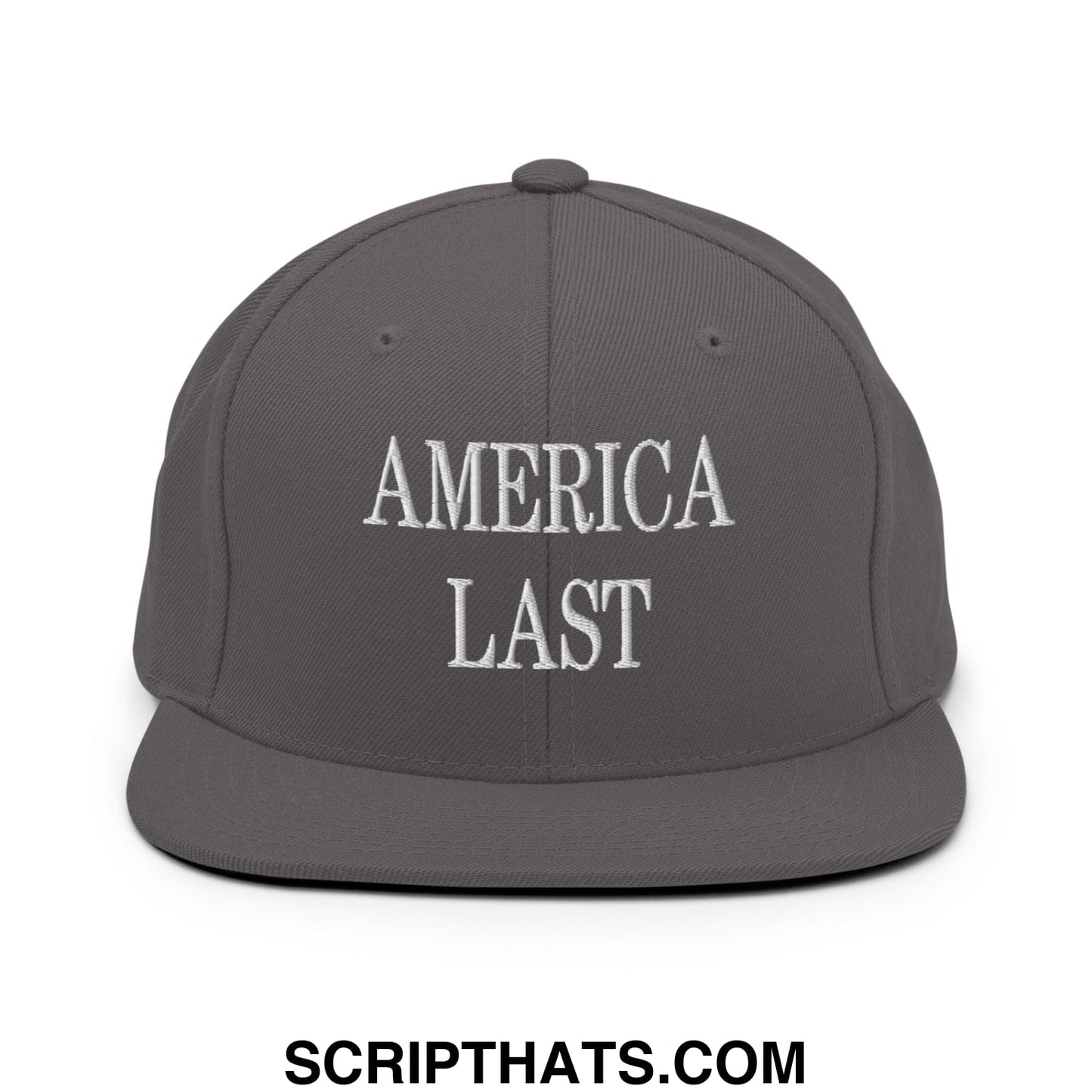 Gray snapback hat with white embroidered america last text on flat bill brim for casual wear