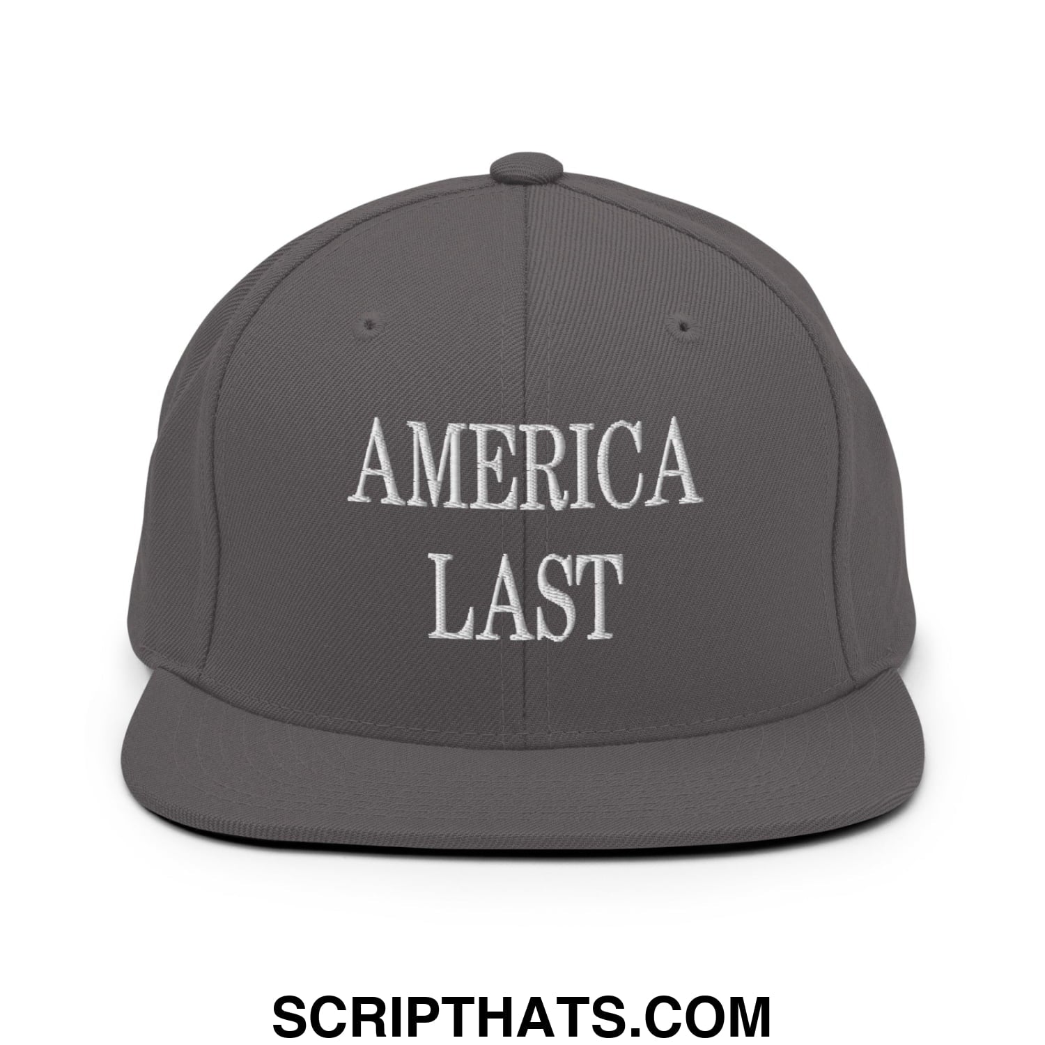 Gray snapback hat with white embroidered america last text on flat bill brim for casual wear