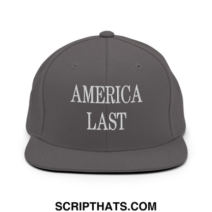 Gray snapback hat with white embroidered america last text on flat bill brim for casual wear