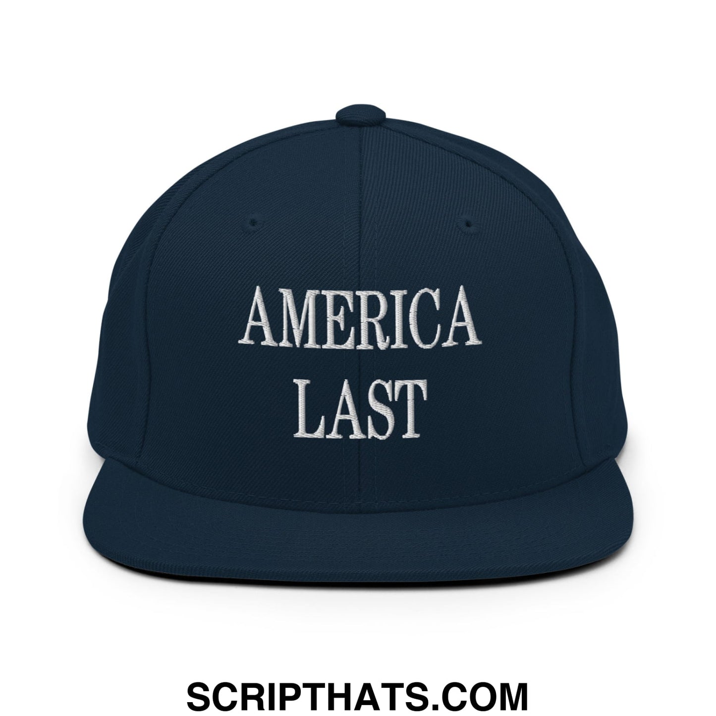 Navy blue snapback hat with white embroidered america last text and a flat bill brim designed for casual wear