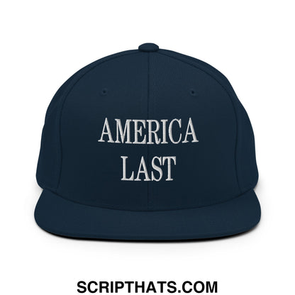 Navy blue snapback hat with white embroidered america last text and a flat bill brim designed for casual wear