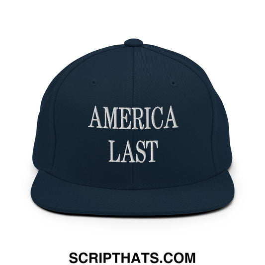America Last Embroidered Flat Bill Brim Snapback Hat Dark Navy