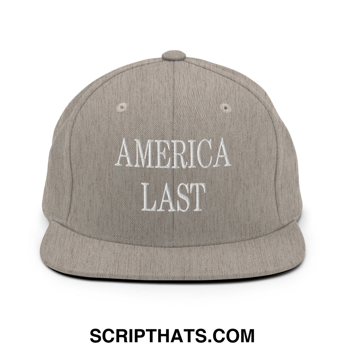 Gray snapback hat with flat bill and white embroidered america last text for casual streetwear use