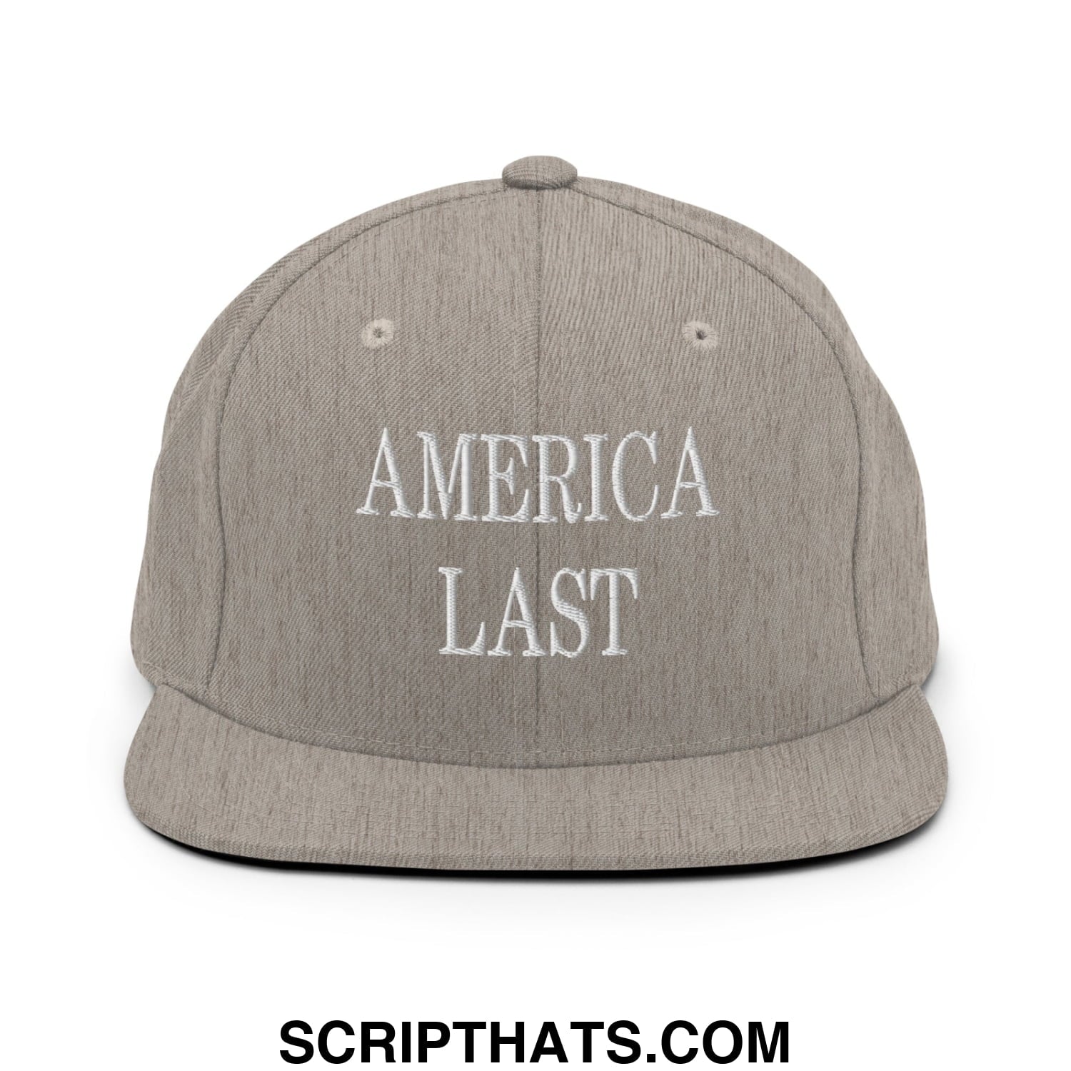 Gray snapback hat with flat bill and white embroidered america last text for casual streetwear use