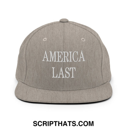 Gray snapback hat with flat bill and white embroidered america last text for casual streetwear use