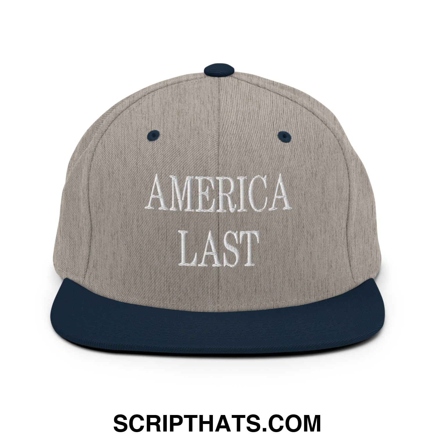 Gray and navy blue snapback hat with america last embroidered in white on the flat bill brim front panel