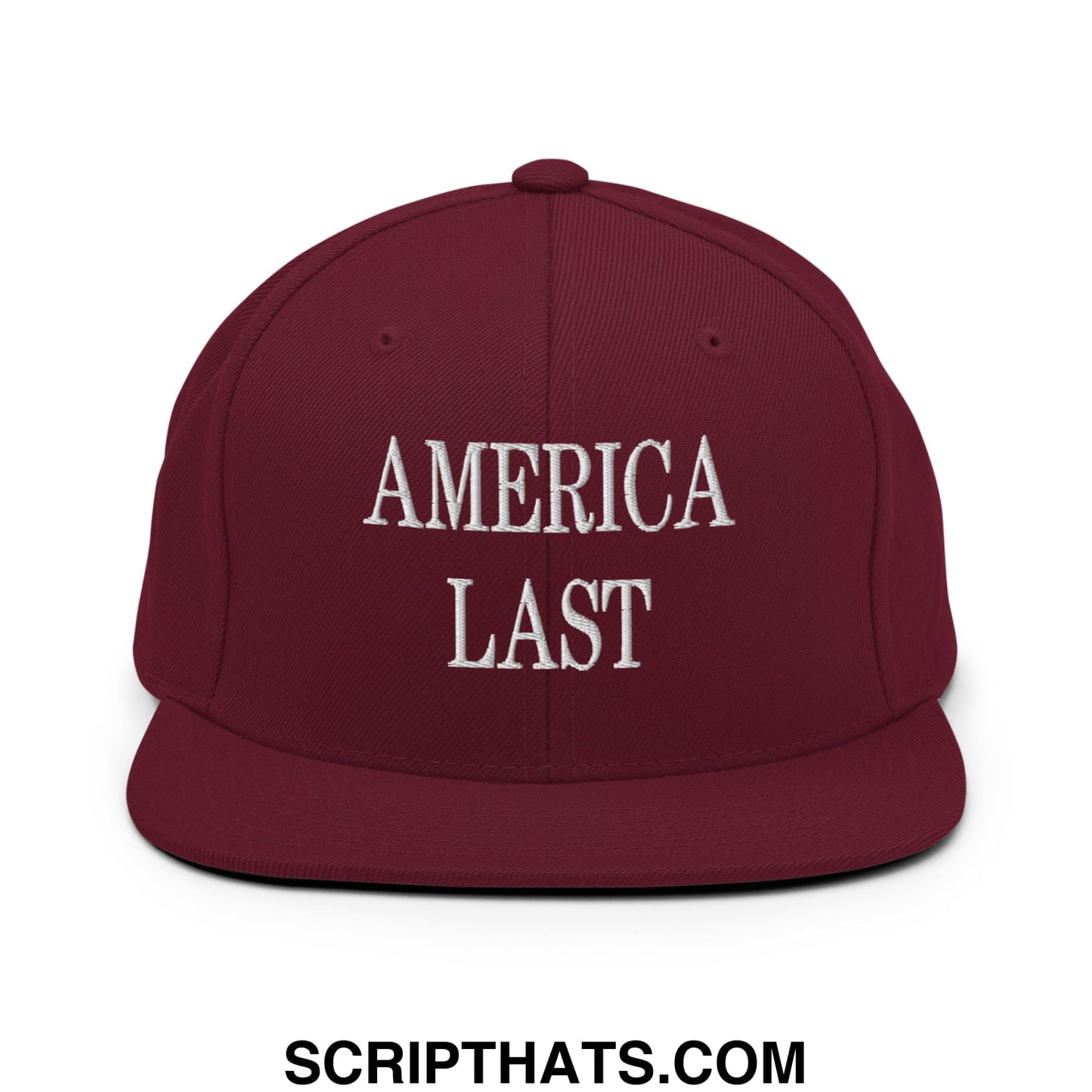 Maroon flat bill brim snapback hat with white embroidered america last text in a casual streetwear style