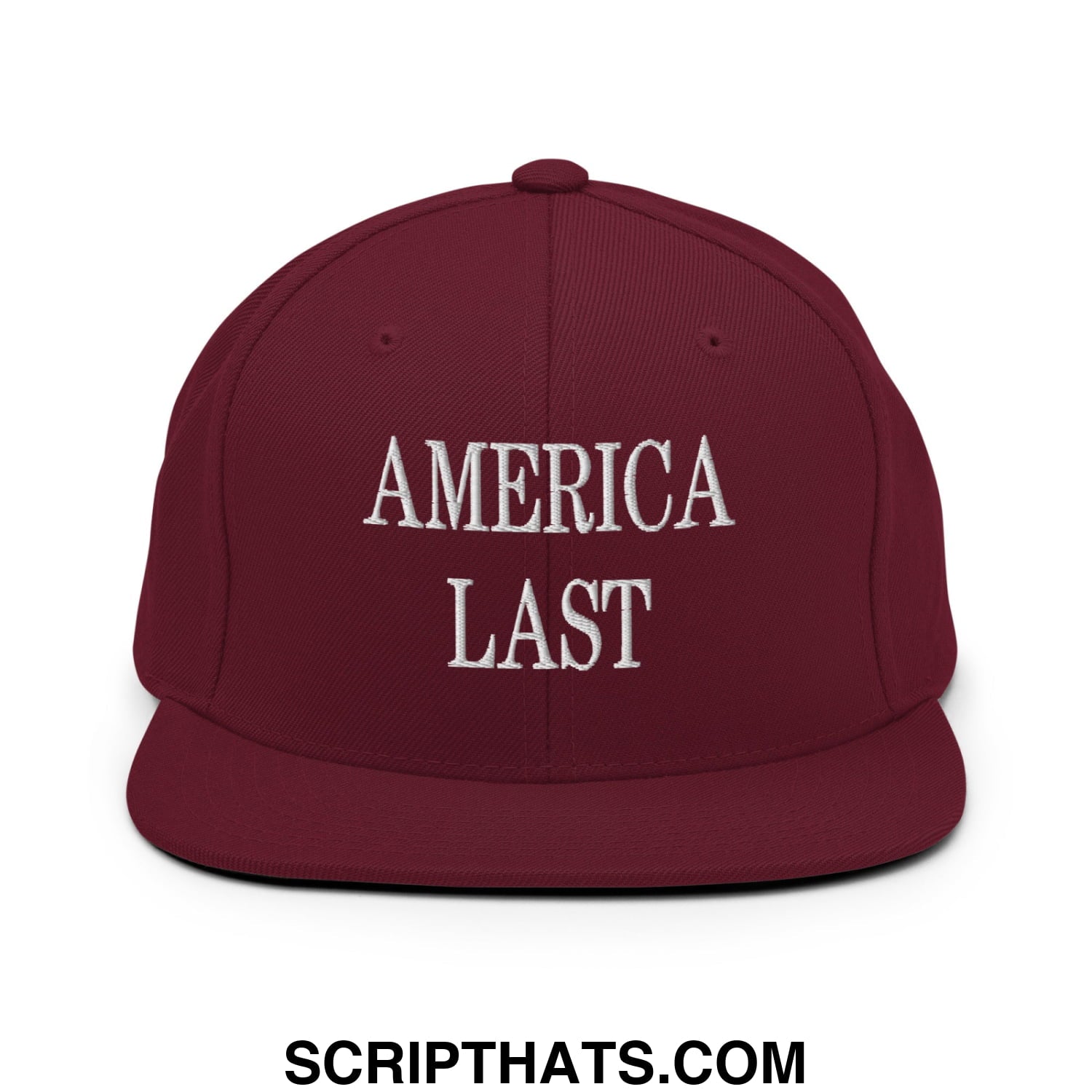 Maroon flat bill brim snapback hat with white embroidered america last text in a casual streetwear style