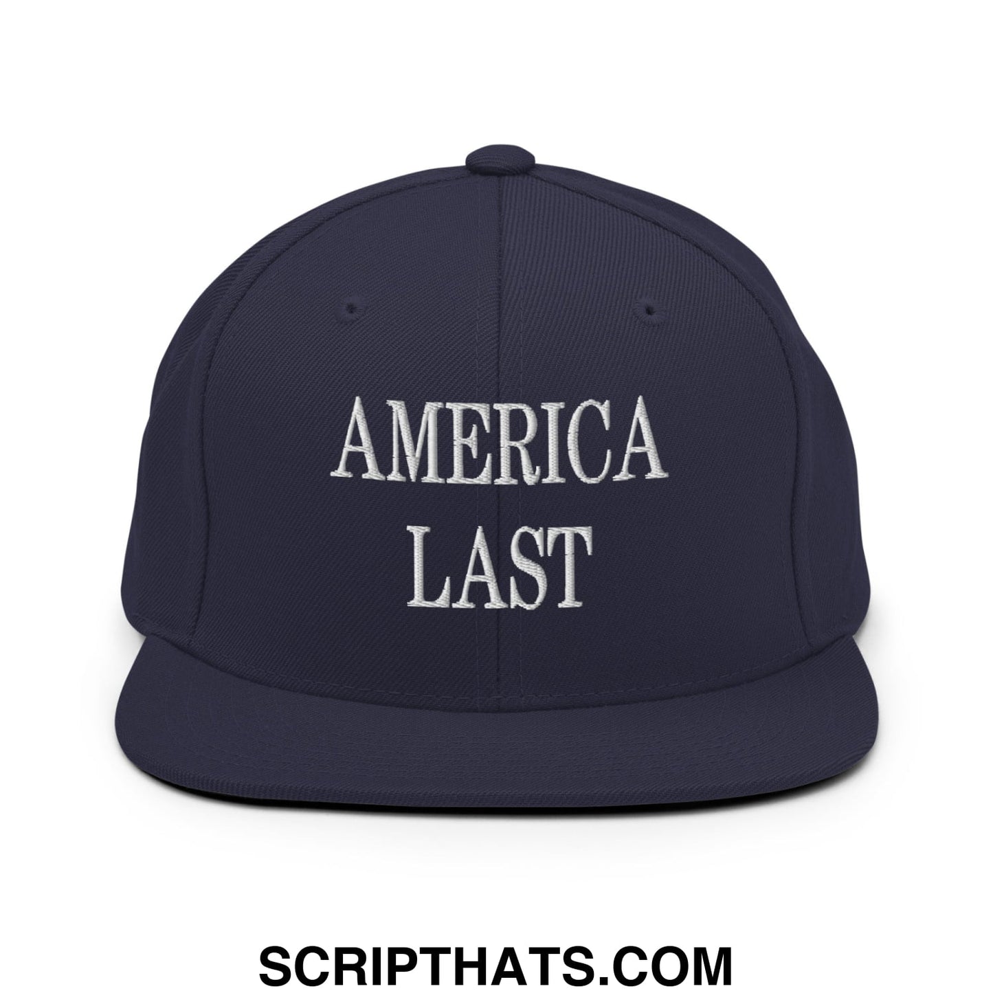 Navy blue snapback hat with flat bill brim and white embroidered america last text for casual wear