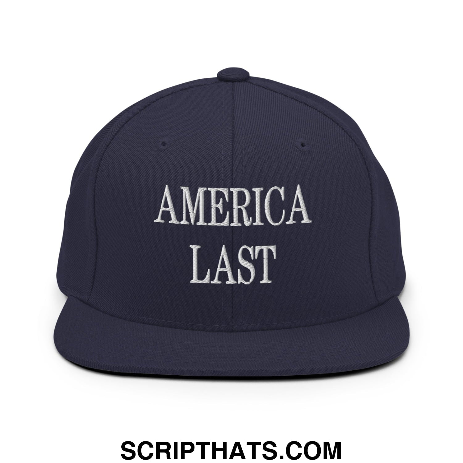 Navy blue snapback hat with flat bill brim and white embroidered america last text for casual wear