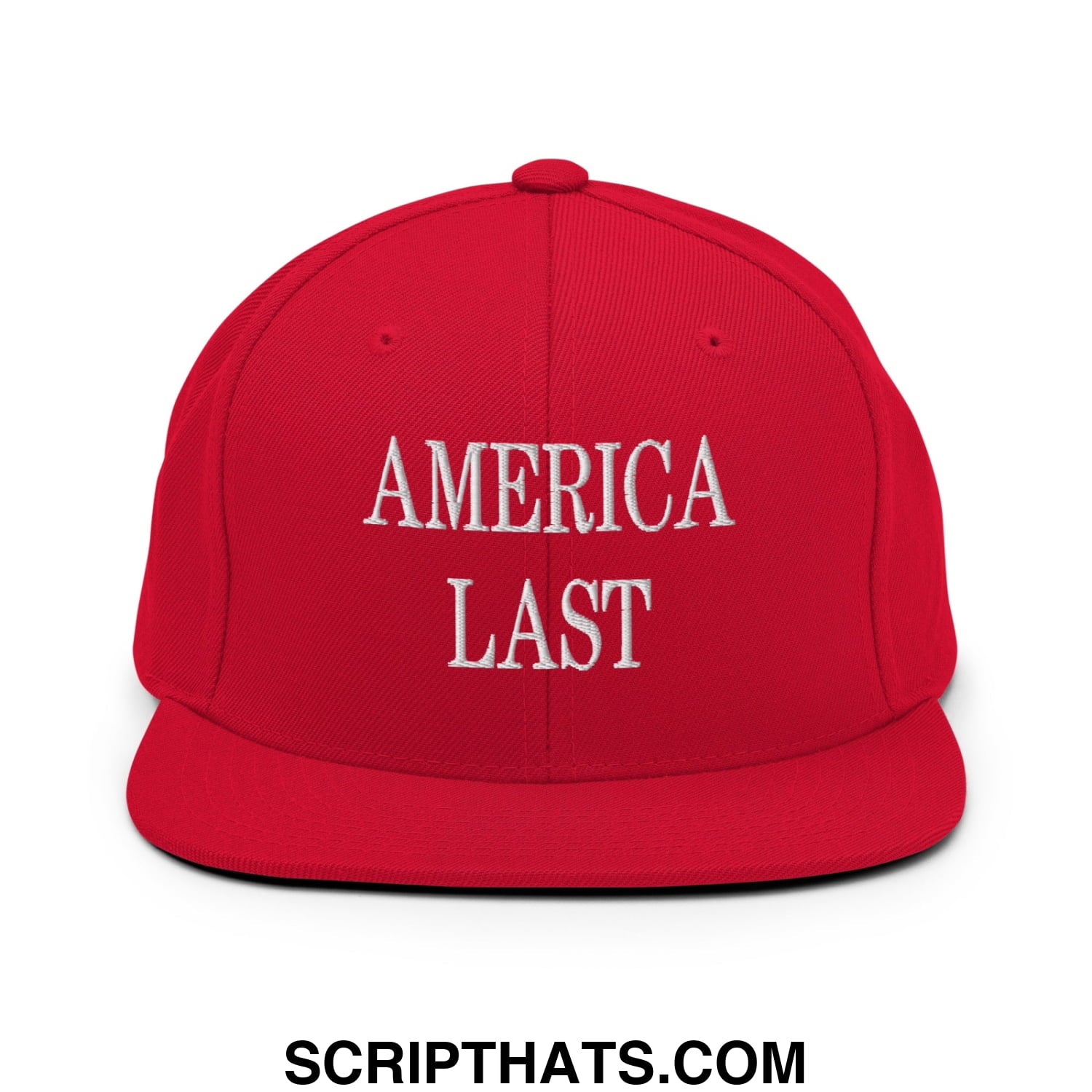 Red snapback cap with white embroidered america last text and flat bill brim for casual wear