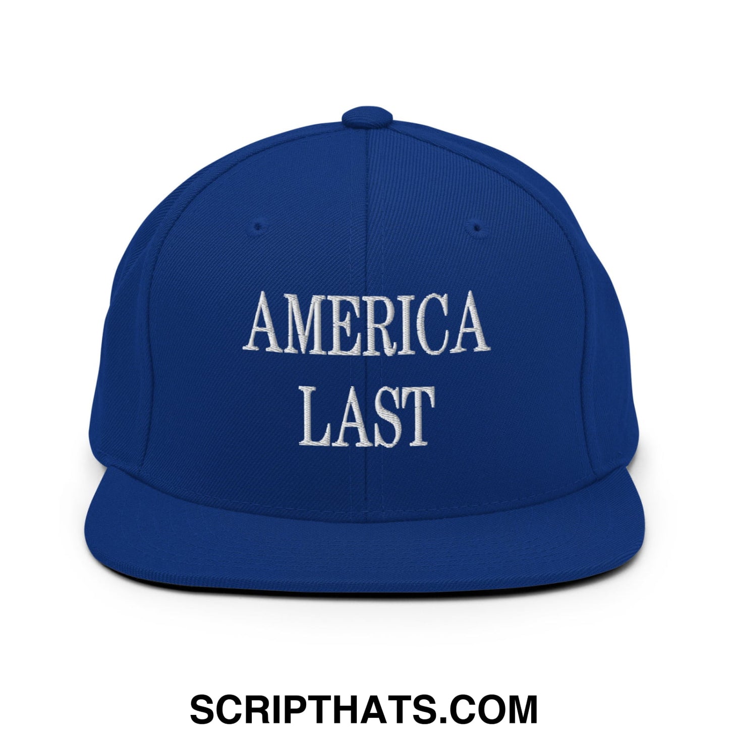 Royal blue snapback hat with white embroidered america last text and flat bill brim for casual wear