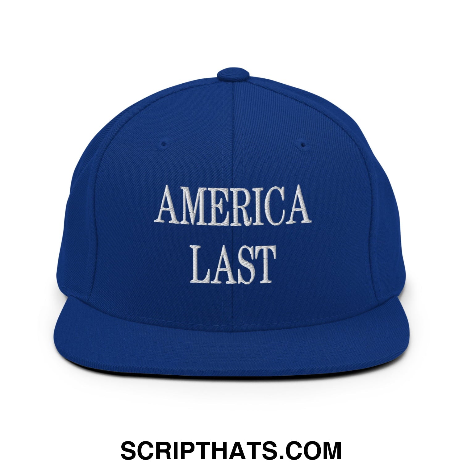 Royal blue snapback hat with white embroidered america last text and flat bill brim for casual wear