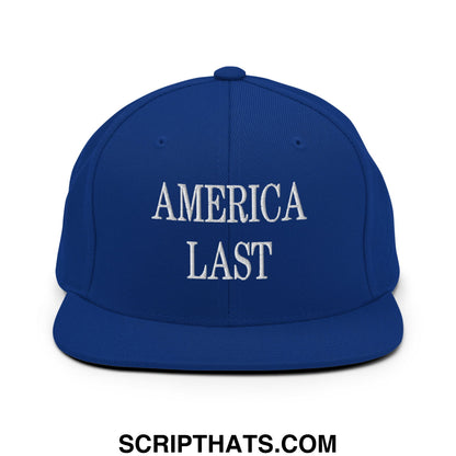 Royal blue snapback hat with white embroidered america last text and flat bill brim for casual wear
