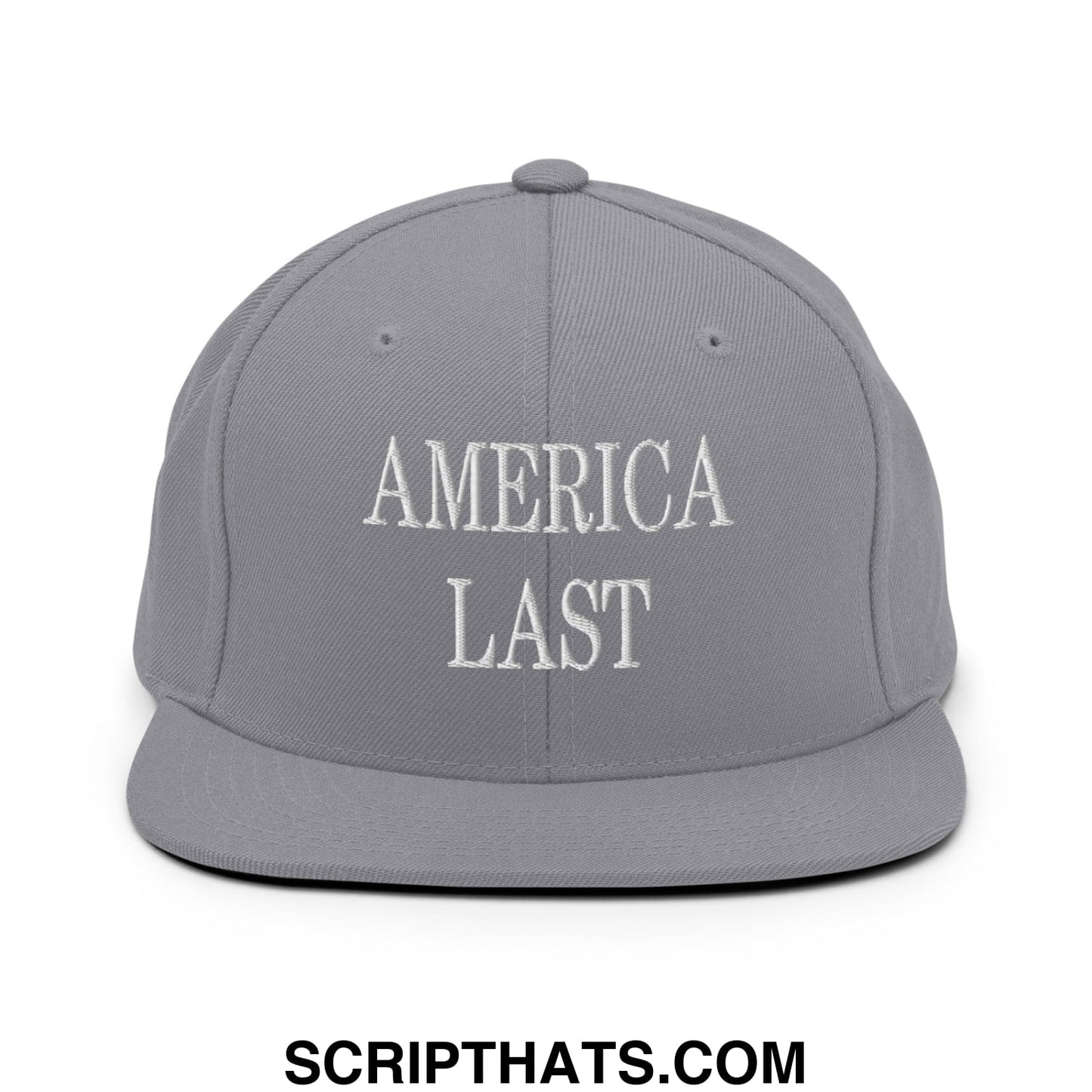 Gray snapback hat with white embroidered america last text and flat bill brim for casual wear