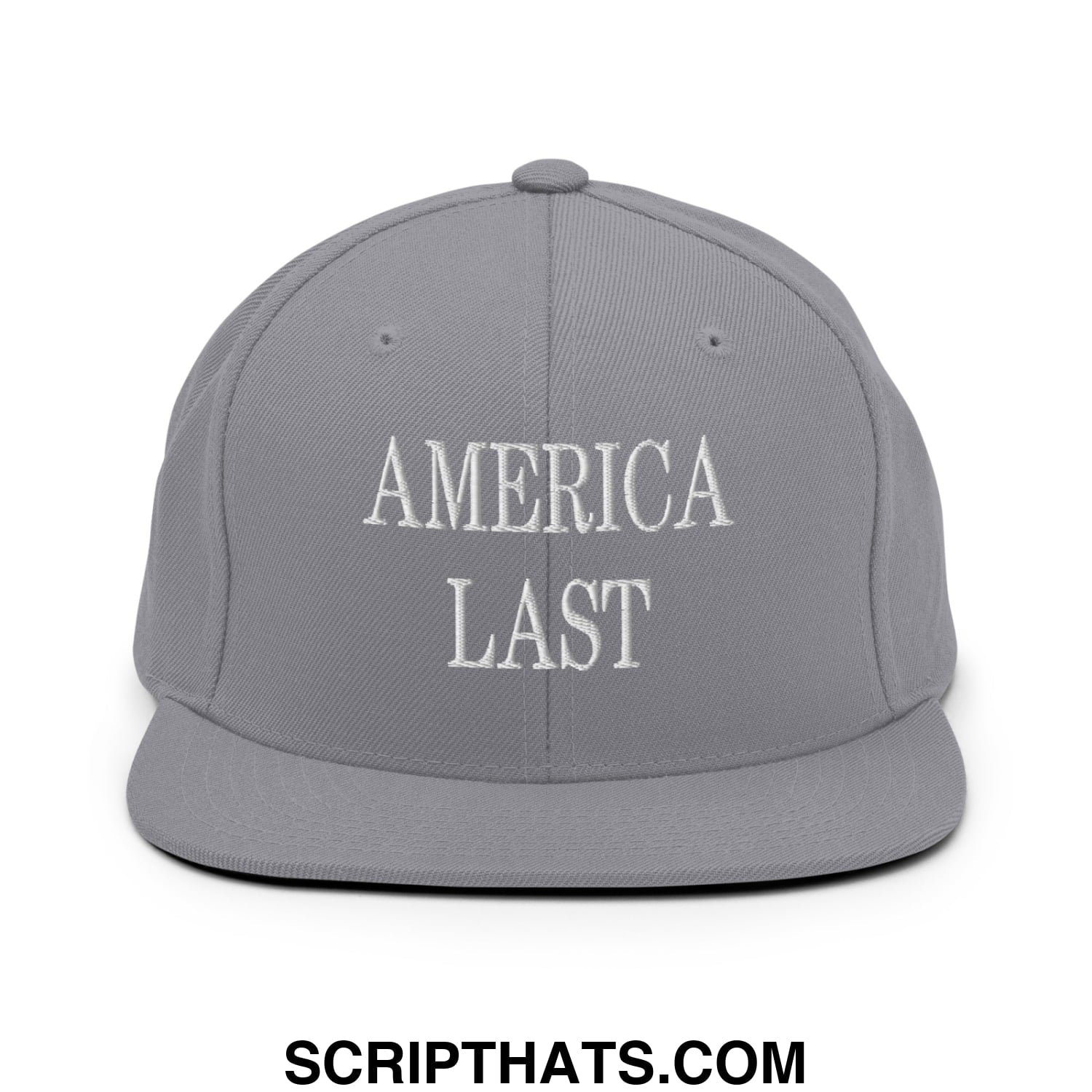 Gray snapback hat with white embroidered america last text and flat bill brim for casual wear