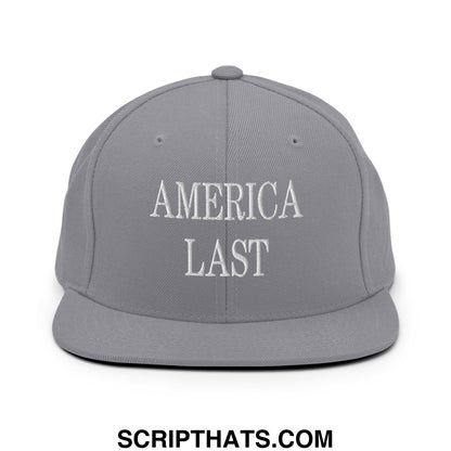 Gray snapback hat with white embroidered america last text and flat bill brim for casual wear