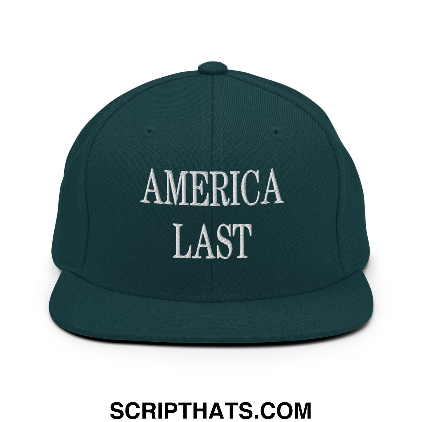 Dark green snapback hat with white embroidered america last text and flat bill brim for casual wear
