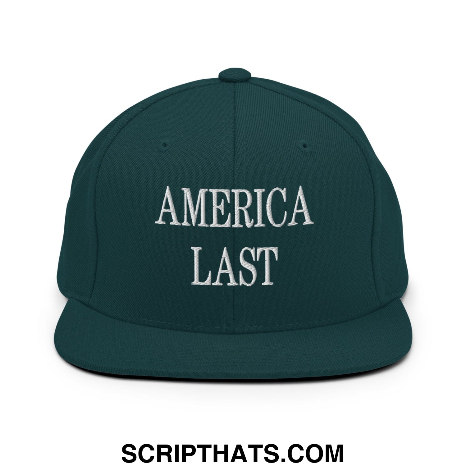 Dark green snapback hat with white embroidered america last text and flat bill brim for casual wear