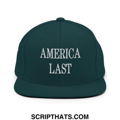 Dark green snapback hat with white embroidered america last text and flat bill brim for casual wear