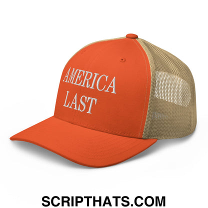 Orange and beige mesh trucker hat with america last embroidered in white on the front panel