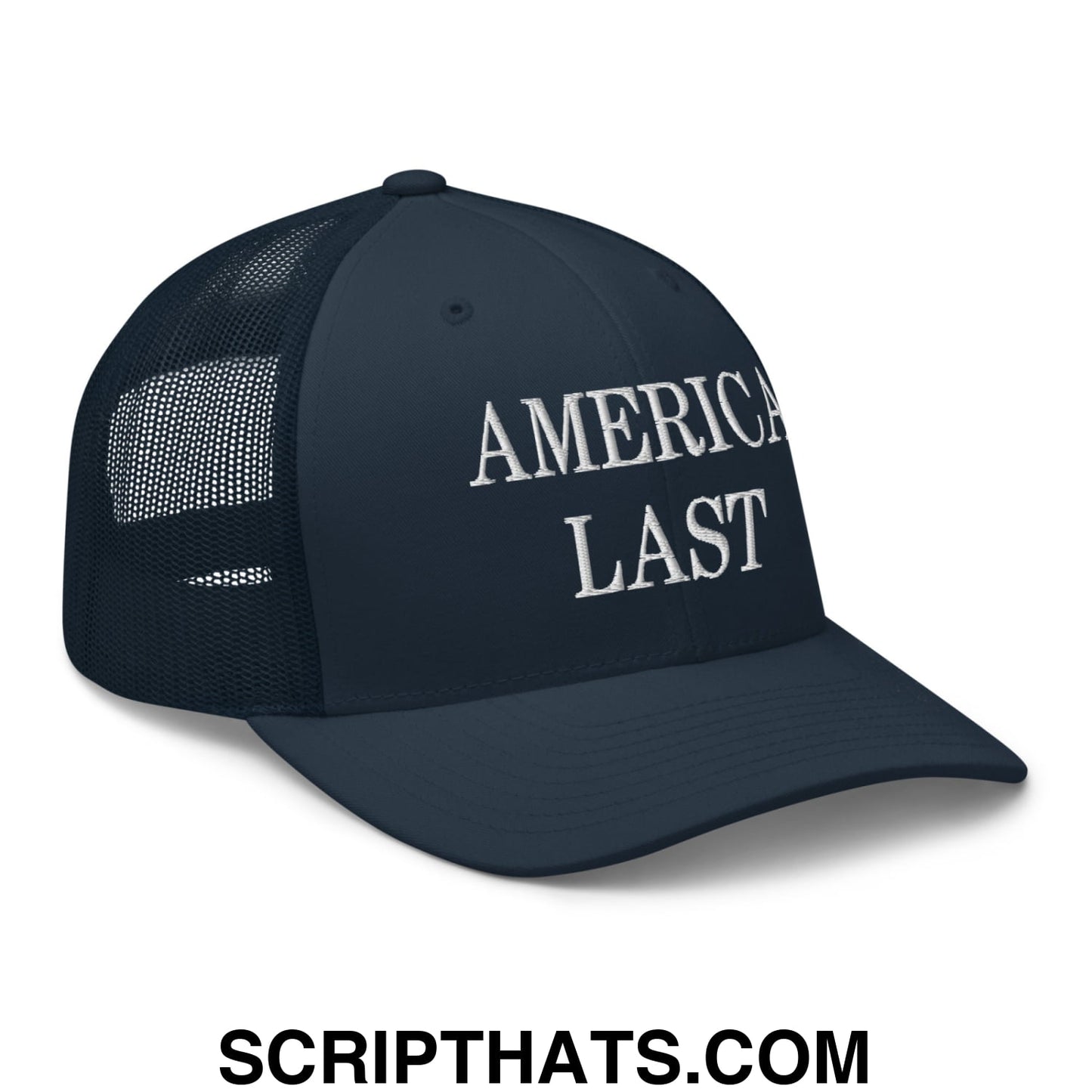 Dark navy blue mesh trucker hat with white embroidered america last text on the front panel